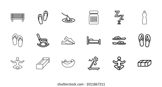 Relax icons. set of 18 editable outline relax icons: garden bench, flip flops, aroma stick, slippers, rocking chair, bed, yoga, zzz, fishing, woman in hammock