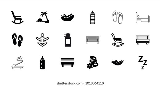 Relax icons. set of 18 editable filled and outline relax icons: baby bottle, woman in hammock, spa stones, rocking chair, zzz, bench, island, flip flops, yoga, fitness bottle