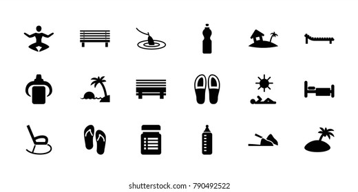 Relax icons. set of 18 editable filled relax icons: baby bottle, bed, bench, home on island, sunbed, man laying in sun, island, fishing, flip flops, slippers