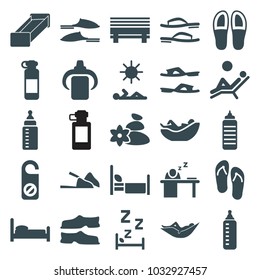 Relax icons. set of 25 editable filled relax icons such as baby bottle, woman in hammock, do not disturb, slippers, bed, bottle for fitness, fitness bottle, bench