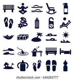 Relax icons set. set of 25 relax filled icons such as garden bench, baby bottle, woman in hammock, flip flops, spa stones, do not disturb, slippers, bench, bed