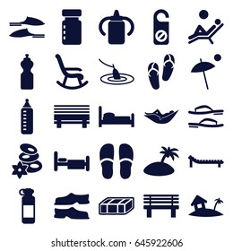 Relax icons set. set of 25 relax filled icons such as garden bench, baby bottle, woman in hammock, flip flops, spa stones, do not disturb, slippers, bench, bed, home on island