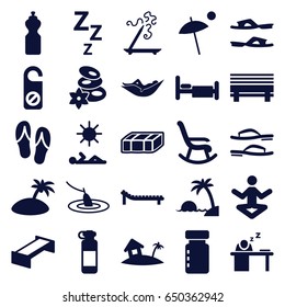 Relax icons set. set of 25 relax filled icons such as garden bench, woman in hammock, spa stones, aroma stick, do not disturb, slippers, bed, man sleeping on table