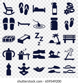 Relax icons set. set of 25 relax filled icons such as garden bench, baby bottle, woman in hammock, flip flops, spa stones, aroma stick, slippers, bench, man sleeping on table