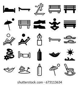 Relax icons set. set of 25 relax filled and outline icons such as baby bottle, woman in hammock, spa stones, slippers, bench, umbrella, sunbed, man laying in sun