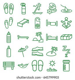 Relax icons set. set of 25 relax outline icons such as garden bench, baby bottle, woman in hammock, flip flops, spa stones, aroma stick, do not disturb, slippers, bench, bed