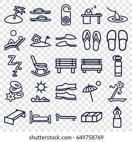 Relax icons set. set of 25 relax outline icons such as garden bench, spa stones, aroma stick, do not disturb, slippers, bench, man sleeping on table, home on island, umbrella