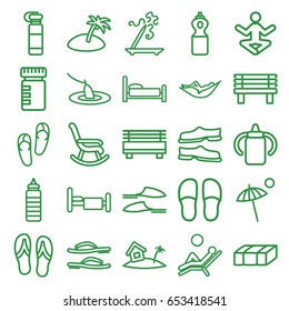 Relax icons set. set of 25 relax outline icons such as garden bench, baby bottle, woman in hammock, flip flops, aroma stick, slippers, bench, bed, home on island, umbrella