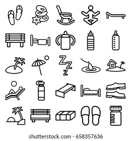 Relax icons set. set of 25 relax outline icons such as garden bench, baby bottle, flip flops, spa stones, slippers, bench, bed, home on island, umbrella, sunbed
