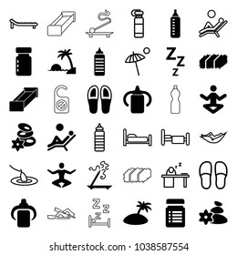 Relax icons. set of 36 editable filled and outline relax icons such as baby bottle, spa stones, aroma stick, bottle for fitness, yoga, fitness bottle, zzz