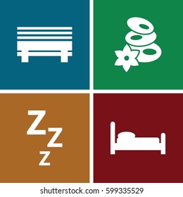 relax icons set. Set of 4 relax filled icons such as spa stones, bed, bench