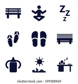 relax icons set. Set of 9 relax filled icons such as baby bottle, flip flops, slippers, bench, man sleeping on table, man laying in sun, yoga