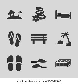Relax icons set. set of 9 relax filled icons such as garden bench, spa stones, slippers, bench, bed, home on island, island