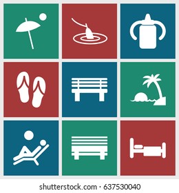 Relax icons set. set of 9 relax filled icons such as baby bottle, bench, bed, umbrella, man laying in the sun, island, flip flops