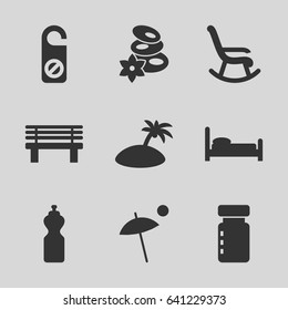 Relax icons set. set of 9 relax filled icons such as spa stones, do not disturb, bench, umbrella, island, rocking chair, bed, bottle for fitness