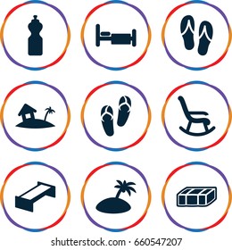 Relax icons set. set of 9 relax filled icons such as garden bench, flip flops, bed, home on island, island, rocking chair