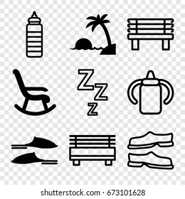 Relax icons set. set of 9 relax filled and outline icons such as slippers, island, baby bottle, bench, rocking chair, fitness bottle