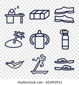 Relax icons set. set of 9 relax outline icons such as garden bench, baby bottle, woman in hammock, aroma stick, slippers, man sleeping on table, island