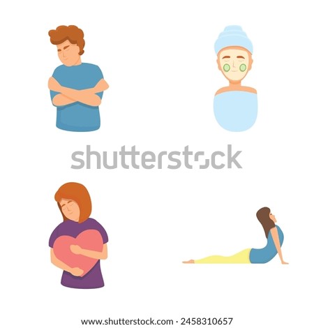 Relax icons set cartoon vector. Relaxing pleasant home activity for pleasure. Self care, home pastime