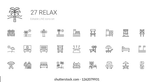 relax icons set. Collection of relax with armchair, massage, bed, beach, hot stones, stool, sunbed, bench, cushion, chair, door hanger, rest area. Editable and scalable relax icons.