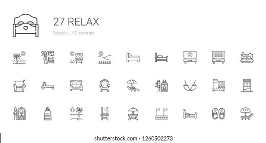 relax icons set. Collection of relax with bed, beach, rest area, chair, sauna, russian banya, hammock, hot stones, sunbed, armchair, deck chair. Editable and scalable relax icons.
