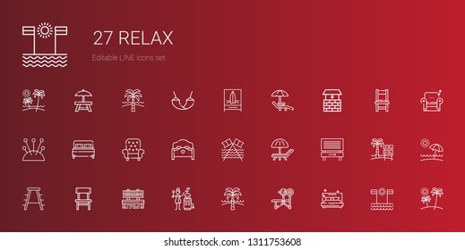 relax icons set. Collection of relax with bed, bench, beach, hot stones, chair, stool, sunbed, armchair, cushion, well, hammock, rest area. Editable and scalable relax icons.