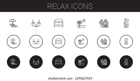 relax icons set. Collection of relax with sunbed, hammock, bed, beach, hot stones, door hanger. Editable and scalable relax icons.