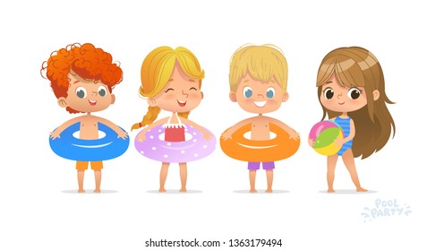 Relax International Children Swimming Pool Party. Red-haired Boy Character with Blue Ring on Fun Sea Resort. Little Girl in Swimsuit Funny Summer Vacation. Flat Cartoon Vector Illustration