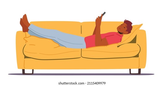 Relax Lazy Time, Young Man Using Phone Lying on Sofa or Couch at Home, Relaxing With Smartphone, Person Wasting Time, Adult Character Chatting With Friends Online. Cartoon People Vector Illustration