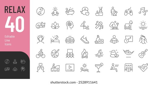 
Conjunto de iconos editables de línea relajada. Ilustración vectorial en estilo de línea delgada moderna de iconos relacionados con el descanso: hobby, meditación, spa y más. Pictogramas e infografías para App móviles
