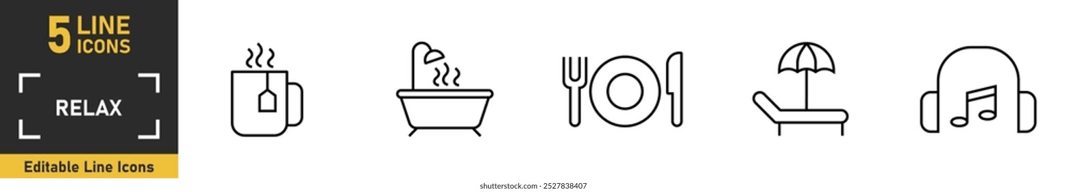 Conjunto de iconos de línea de relajación. Conjunto de 5 iconos de contorno relacionados con relajarse, beber té, remojar, comer, tomar el sol, escuchar música y más. Ilustración vectorial.