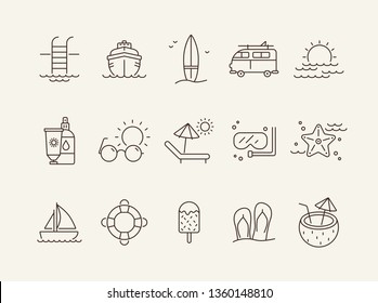 Relax line icon set. Coconut cocktail, beach, sunglasses. Summer vacation concept. Can be used for topics like tropical resort, travel, tourism