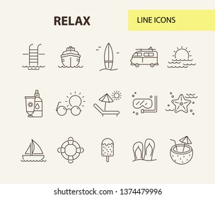 Relax line icon set. Coconut cocktail, beach, sunglasses. Summer vacation concept. Can be used for topics like tropical resort, travel, tourism