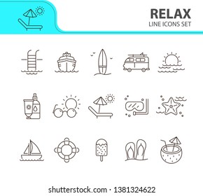 Relax line icon set. Coconut cocktail, beach, sunglasses. Summer vacation concept. Can be used for topics like tropical resort, travel, tourism