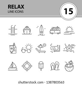 Relax line icon set. Coconut cocktail, beach, sunglasses. Summer vacation concept. Can be used for topics like tropical resort, travel, tourism