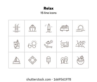 Relajar conjunto de iconos de línea. Cóctel de coco, playa, gafas de sol. Concepto de vacaciones de verano. Se puede usar para temas como resort tropical, viajes, turismo