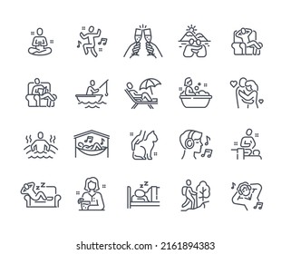 Relax line icon set. Relaxation, rest, meditation, sleep, vacation or fishing on lake. Design elements for apps and social networks. Cartoon flat vector collection isolated on white background - Shutterstock ID 2161894383