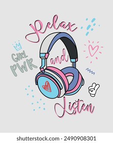 Relax Listen slogan and hand drawn earphones illustration and vector. 