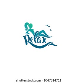 Relax logo template, image of girl, sea and lettering composition