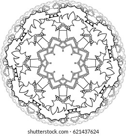 Relax, Mandala, drawing with coloring lines, on white background. Flower shapes and geometries like patterns and wallpaper