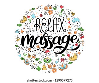 Relax massage. Lettering and illustrations of massage icons. Poster or t-shirt design. 