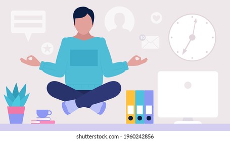 Relax and meditate concept. Young man meditating at home or office. Freelancer. Worker. Vector illustration in a flat style