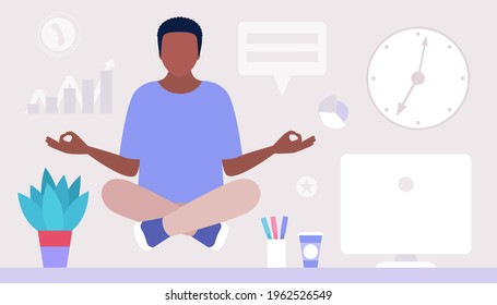 Relax and meditate concept. Young man meditating at home or office. Freelancer. Worker. Vector illustration in a flat style