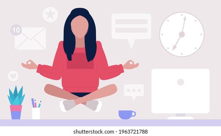 Relax and meditate concept. Young woman meditating at home or office. Freelancer. Worker. Vector illustration in a flat style