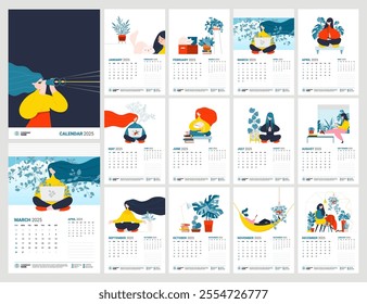 Relax, Meditation and Easy Living Concepts 2025 Calendar. Full Vector Template Calendar with colorful illustration.
