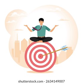 Relaxe a meditação para eliminar a distração, mantenha o foco e concentre-se no objetivo comercial. Empresário pacífico meditar sentado e com foco em grande alvo de tiro com arco.  