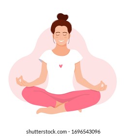 RELAX. MEDITATION. Love yourself. Mental health concept. Meditation. Healthcare. Inner harmony with yourself. Take time for your self. Vector illustration. Girl meditating on white background