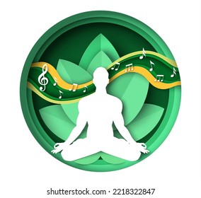 Relax and meditation vector. Male silhouette sitting in lotus position listening music melody meditating along illustration. Spiritual training, balancing exercise and harmony achievement