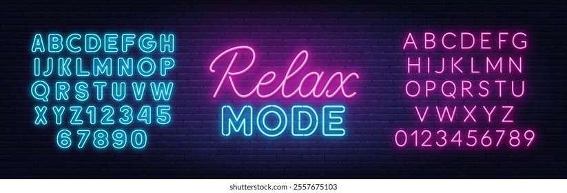 Relax Mode Neon text on brick wall background.