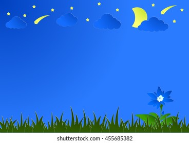 Relax Nature Night Time View, Blue Flower, Grass, Moon, Star, Meteor, Cloud in Paper Art Style. Presentation Background.